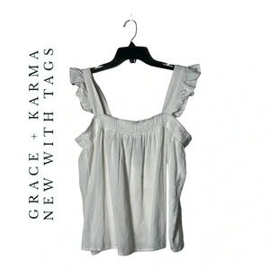 1864. GRACE + KARMA RUFFLE SMOCKED‎ TOP WHITE IN COLOR SIZE LARGE COTTON/LINEN
